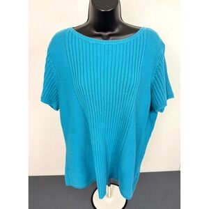 Coldwater Creek Women's Ribbed Knit Short Sleeve Sweater Blue Size XL Cabincore